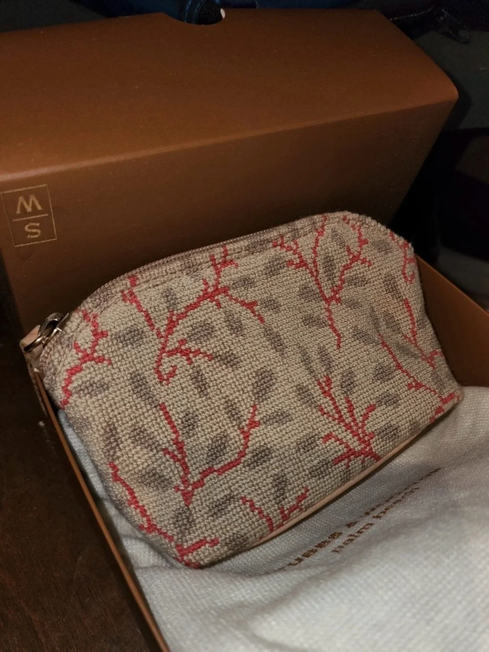 Stubbs & Wootton Coral Branch Canvas Cosmetic Pouch - Neutral with Coral Accents